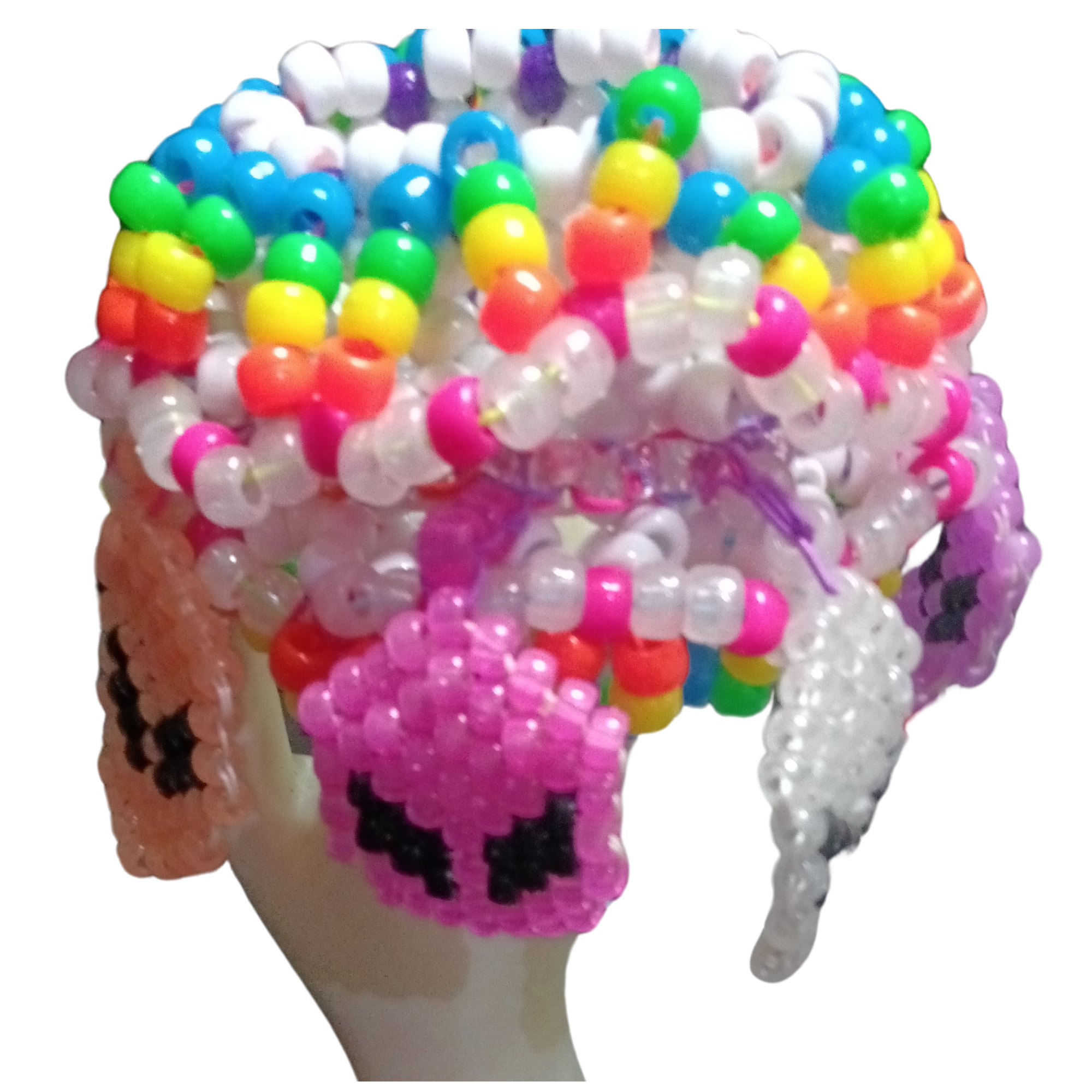 Rainbow glow alien faces rotate around a UFO kandi cuff